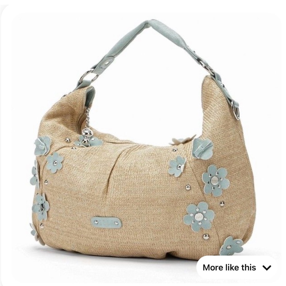 Elle Felicity Tan and Blue Hobo Bag with Floral Accents